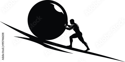 Man pushing heavy rock uphill silhouette perseverance struggle effort motivation challenge concept vector illustration isolated success determination metaphor