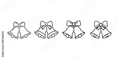 Set of four christmas bells icons with decorative bows, illustrating festive season, holiday decorations, and celebration symbols