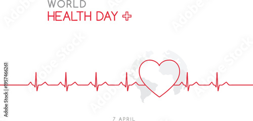 A graphic design celebrating World Health Day with a heart and ECG line
