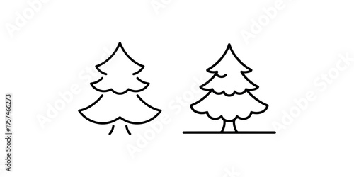 Set of spruce tree icons in minimalist line art style showing various pine silhouettes for winter nature design and coniferous forest environmental theme