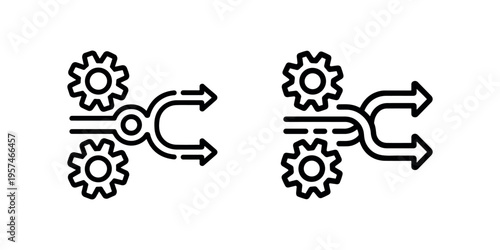 Industrial process workflow icon with gears and split arrows depicting manufacturing efficiency automation management logistics system development solution