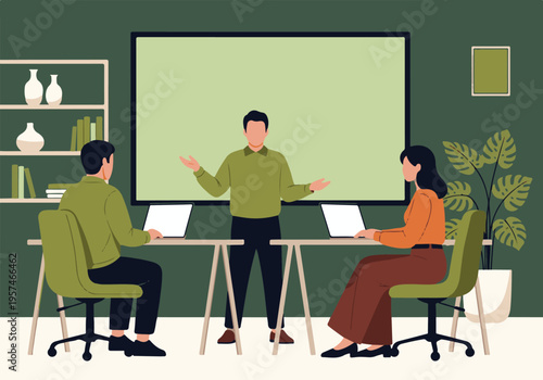 Business meeting with presenter and team members in a modern office