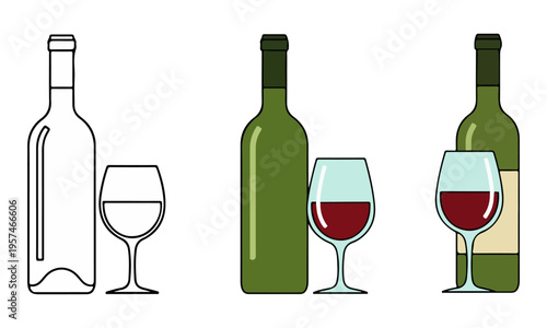 Wine bottle and glass icon set in line art and flat styles