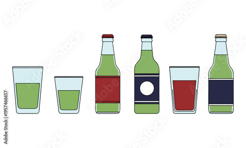 Beverage bottles and glasses set flat vector illustration