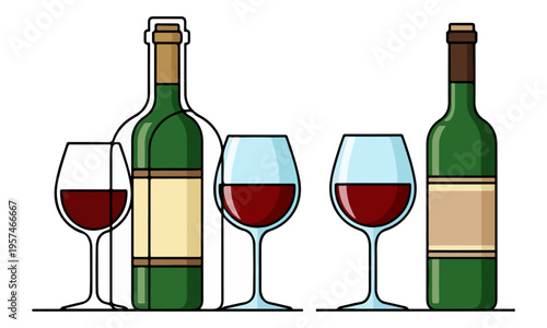 Red Wine Bottles and Glasses Vector Illustration Isolated on White