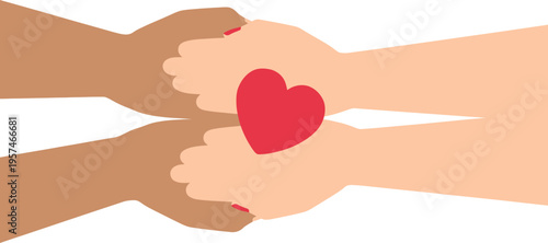 Diverse hands holding a red heart together in unity and love