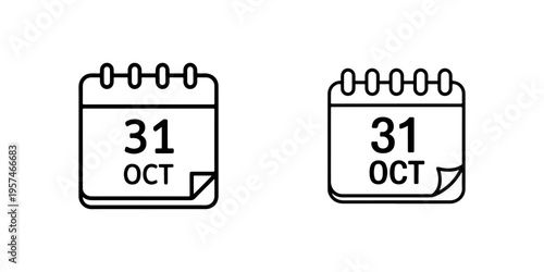 Halloween calendar icon set showing october thirty first date for holiday planning and spooky event scheduling line art symbols isolated on white background