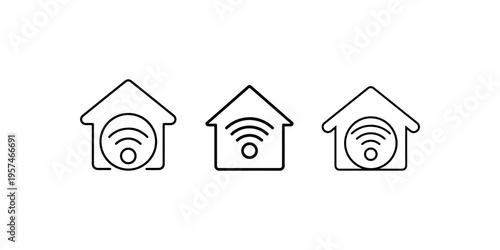 Smart home wifi connection icons featuring house shape with wireless signal symbols for internet technology and domestic network connectivity vector set