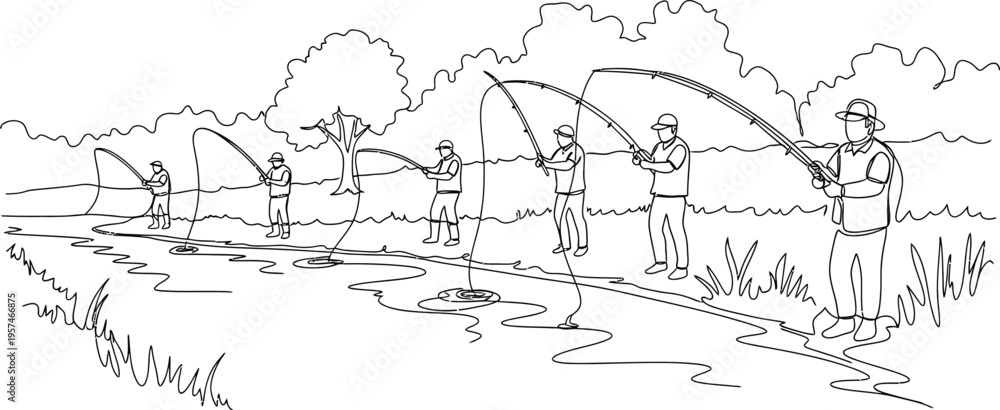 Fototapeta premium men fishing river bank line drawing
