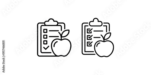 Set of two black outline icons featuring a clipboard with checklist and a fresh apple, representing diet plan or healthy eating concept
