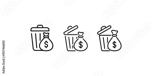 Set of three black outline icons depicting a trash can with a money bag, representing waste of money or financial loss concept