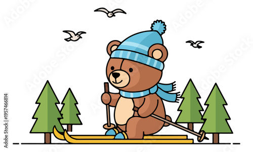 Teddy Bear Skiing in Winter Forest Illustration