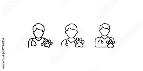 Set of three black outline icons featuring a veterinarian with a stethoscope and a paw print, representing pet care or animal medicine