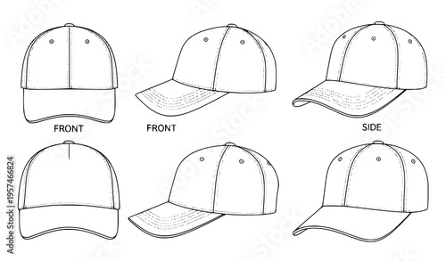 Baseball cap outline vector set with top front side and perspective views minimal apparel design template isolated on white background