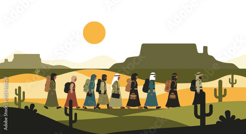 Diverse group of people walking together in traditional attire.