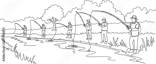 men fishing river bank line drawing