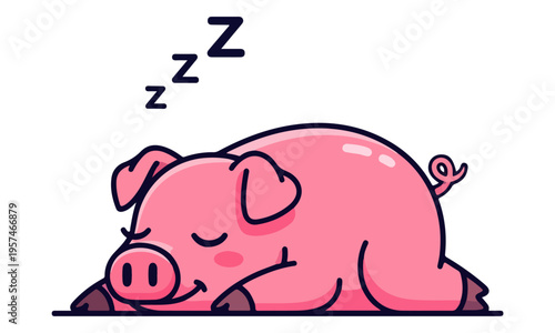 Pink Pig Cartoon Sleeping Isolated on White Background
