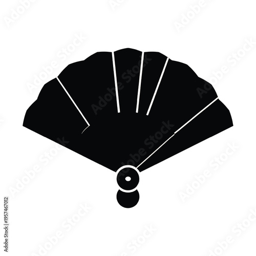 A minimalist black silhouette illustration of a traditional folding hand fan on white background
