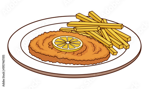 Schnitzel with french fries and lemon slice vector illustration