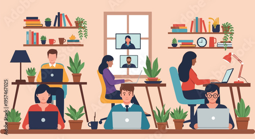 Diverse group of people working remotely from home offices.
