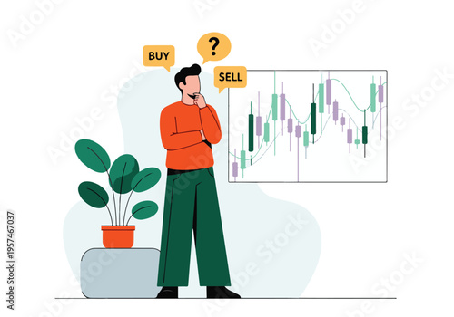 Investor making buy or sell decision watching candlestick chart