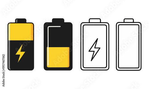 Set of Battery Charge Level Icons with Lightning Bolt Symbol