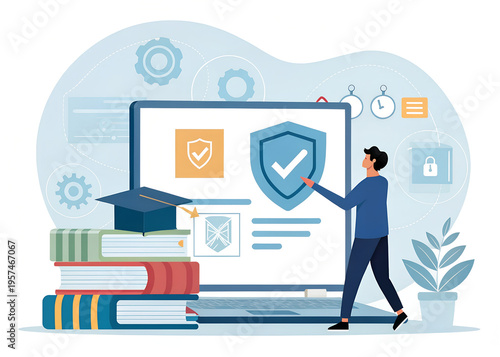 online education security concept with student using laptop digital learning platform cybersecurity protection illustration