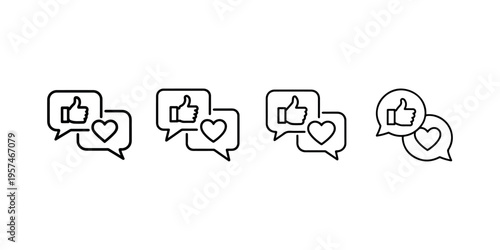 Social media like and comment icons with speech bubbles, thumbs up and heart symbol for engagement feedback and positive user interaction