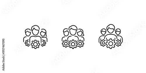Teamwork icons with people figures and gear cogs for collaboration synergy and business process cooperation and human resource