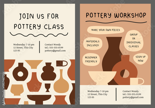 Simple flat cute pottery class or ceramics workshop flyer templates