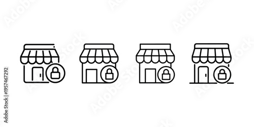 Set of four line icons representing closed stores with security locks, illustrating business closure or safety measures