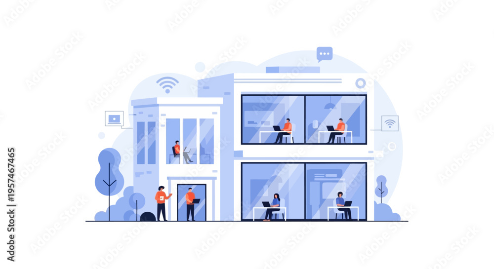 Fototapeta premium Modern Co-working Office Illustration: People Working Remotely on Laptops in a Connected Building. Flat Design for Business Productivity & Connectivity.