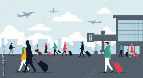 Diverse group of travelers walking with luggage at an airport.