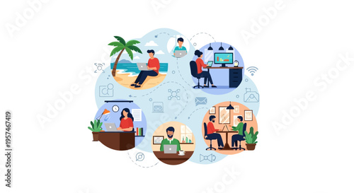 Global Remote Work Concept: Diverse Professionals Working from Home, Beach, Office & Cafe. Flexible Distributed Workforce Illustration.