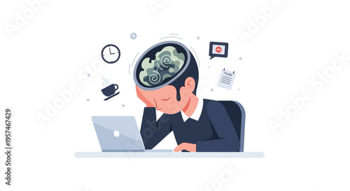 Stressed Employee Suffering from Burnout and Mental Fatigue. Exhausted Businessperson Overwhelmed by Workload, Deadlines, and Information Overload Concept.