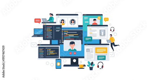 Digital Workplace Collaboration and Remote Team Communication Vector Illustration