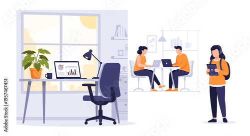 Diverse Work & Study Environments: Home Office, Co-working Space & Mobile Productivity Illustration
