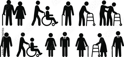 elderly care icons set, disability support symbols, wheelchair assistance, walking stick figures, healthcare help, senior citizens, inclusive society, medical aid, human care concept