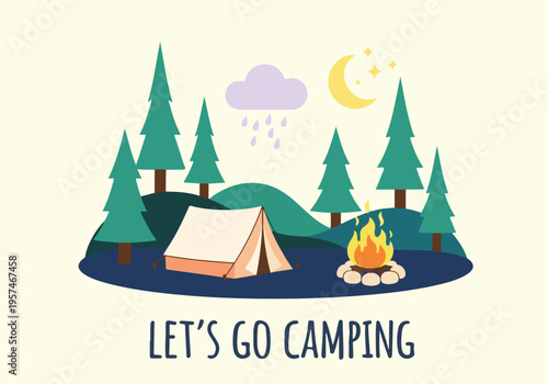 Flat design illustration of a night camping adventure with tent and campfire