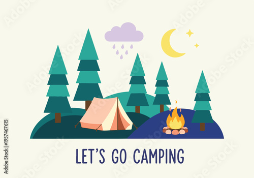 Minimalist camping scene with tent, campfire, pine trees, moon, and cloud