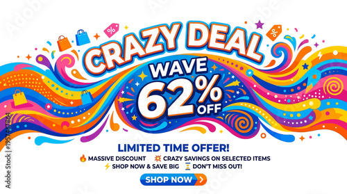Crazy Deal Wave Sale Banner with 62% Off