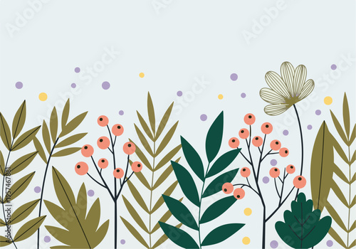 Stylized botanical illustration with green foliage, pink berries, and abstract dots
