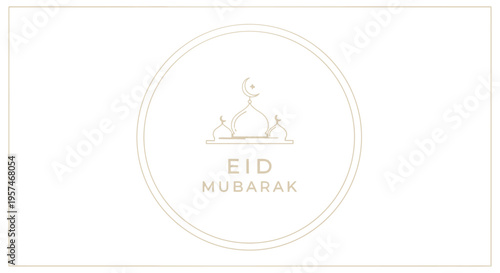 Elegant Eid Mubarak greeting card with mosque dome icon and crescent moon in a minimal beige design, Islamic holiday celebration