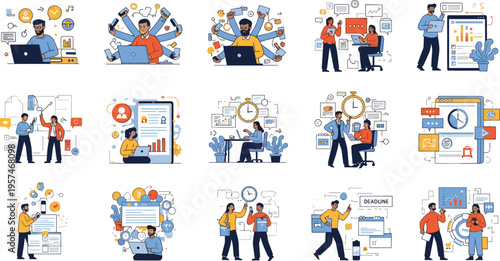 PrintDigital business and marketing workflow collection with analytics, teamwork, content strategy and project management vector illustration set