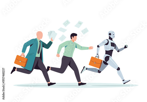 Robot and businessmen running with briefcases, symbolizing work competition