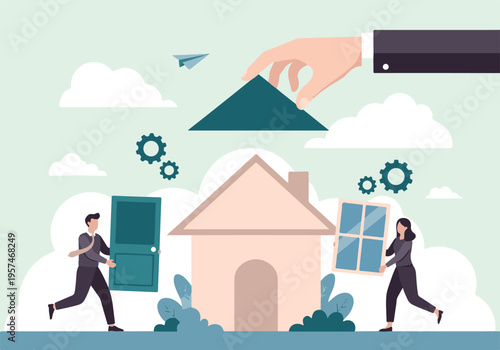 Teamwork building a house, real estate investment and home ownership concept