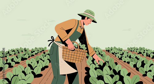 Farmer harvesting vegetables in a field, sustainable agriculture, organic farming, healthy food concept
