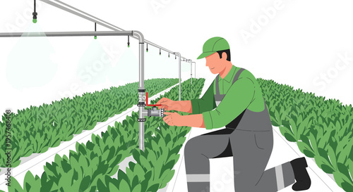 Farmer adjusting irrigation system in a greenhouse with lush green plants
