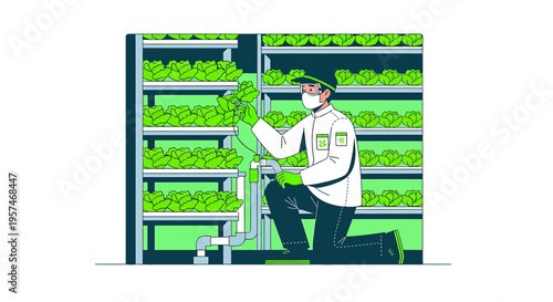 Farmer in mask tending vertical hydroponic farm with lush green lettuce plants