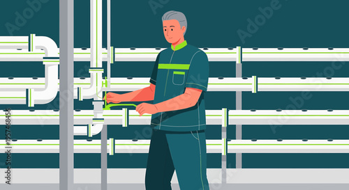 Farmer Inspecting Hydroponic System with Growing Plants in Vertical Farm